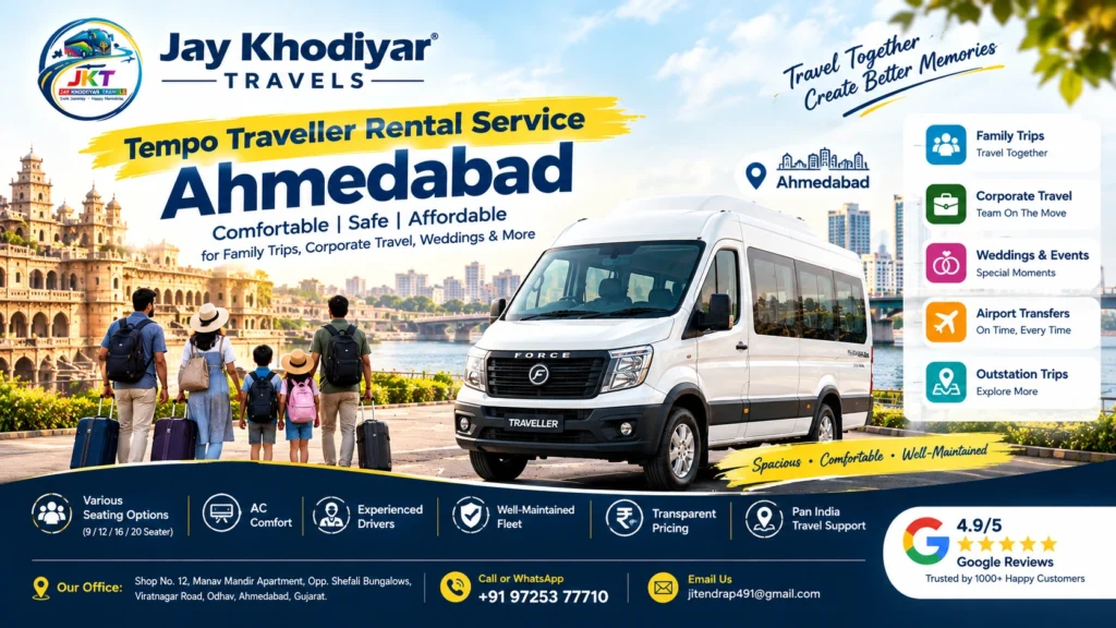 Tempo Traveller rental service Ahmedabad for family trips, weddings, corporate travel and outstation tours